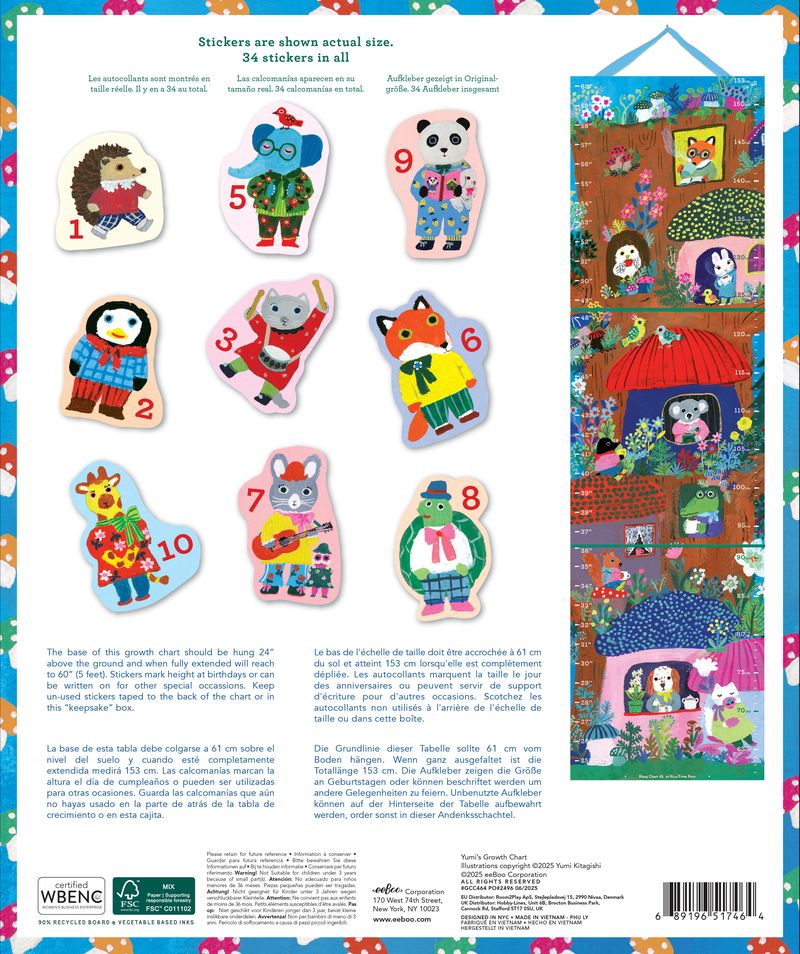 Children's educational chart with colorful animal stickers and numbers. Yumi Growth Chart