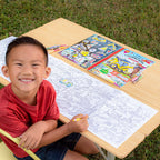 Coloring book titled 'Vehicles' with illustrations of a bulldozer, airplane, and other vehicles. Vehicles Fold-Out Coloring Book