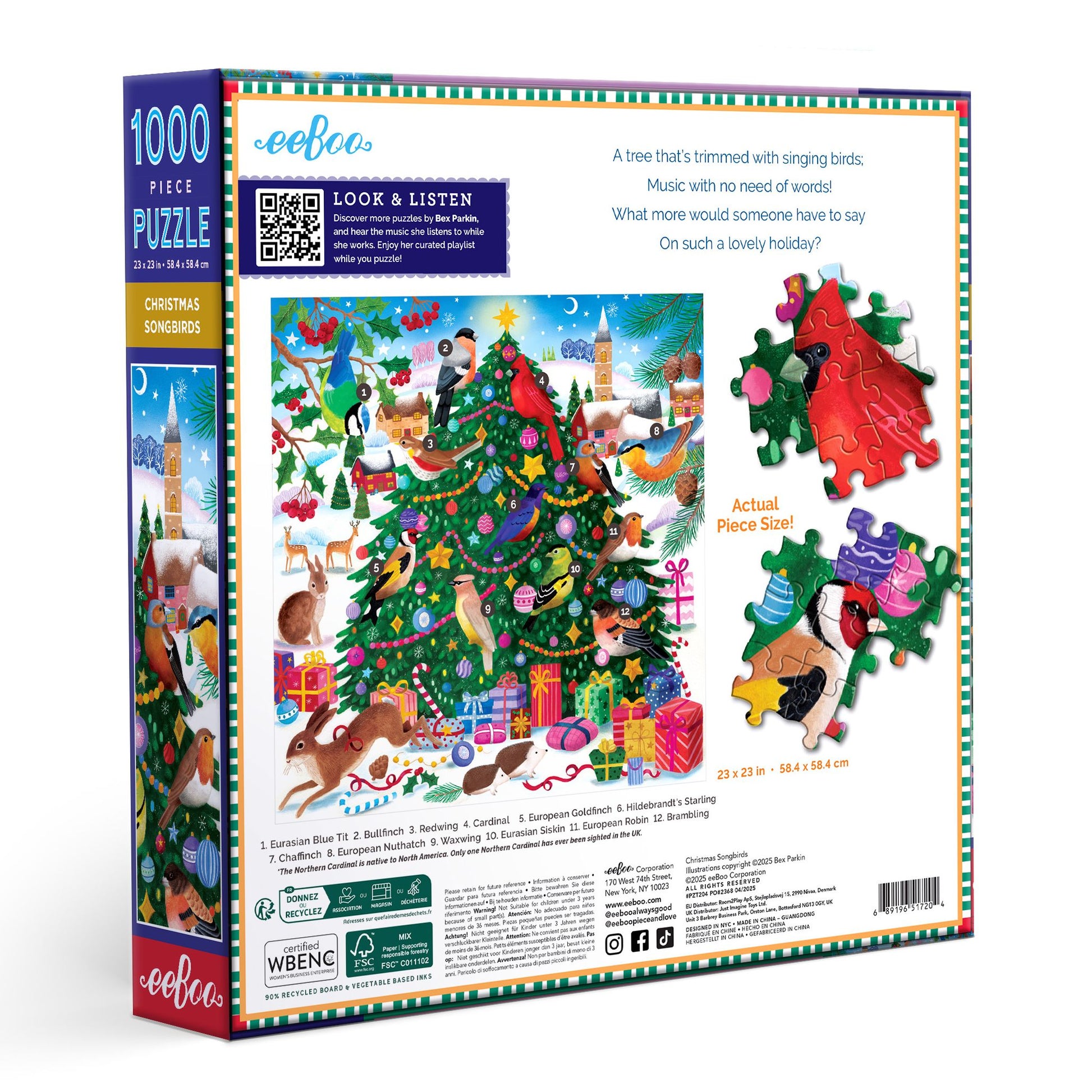 Eeboo Christmas puzzle box with colorful illustrations of a Christmas scene and animals. Christmas Songbirds 1000 Piece Puzzle by eeBoo | Unique Beautiful Gifts