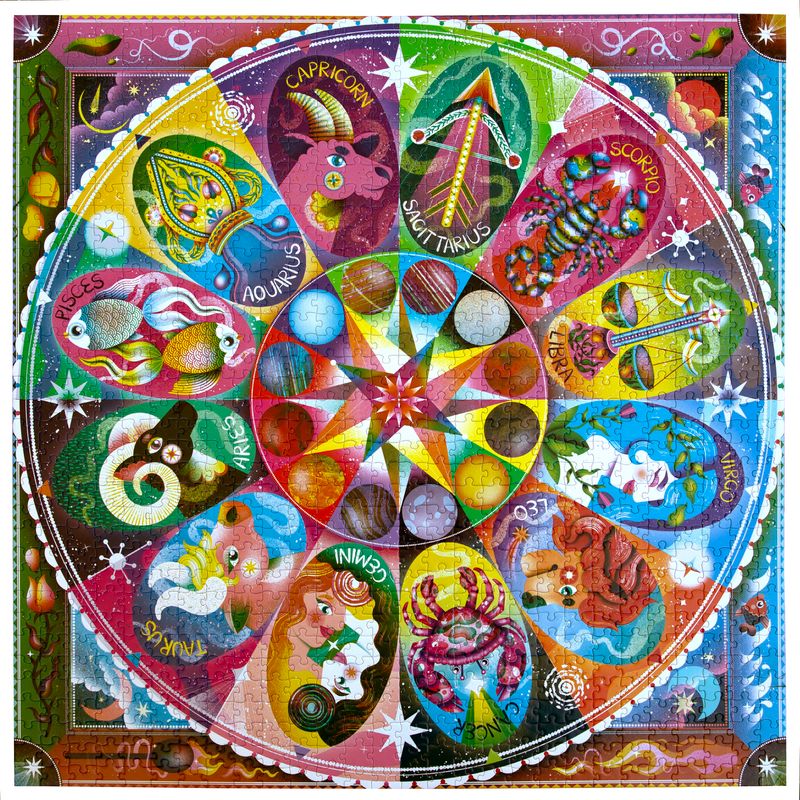 Colorful zodiac wheel with various astrological signs