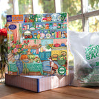 Jigsaw puzzle box featuring a colorful kitchen scene with  cat and a dog. Harvest Kitchen 1000 Piece Puzzle