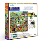 Puzzle box with colorful illustration of a village scene. Village Orchard 1000 Piece Puzzle by eeBoo | Unique Beautiful Gifts