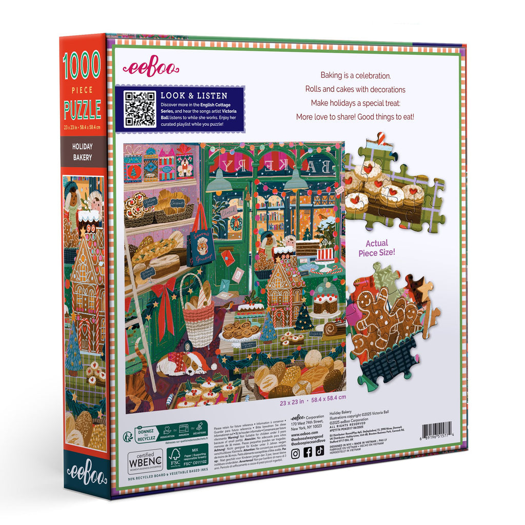 Jigsaw puzzle box with holiday bakery scene and eeBoo branding. Holiday Bakery 1000 Piece Puzzle by eeBoo | Unique Beautiful Gifts