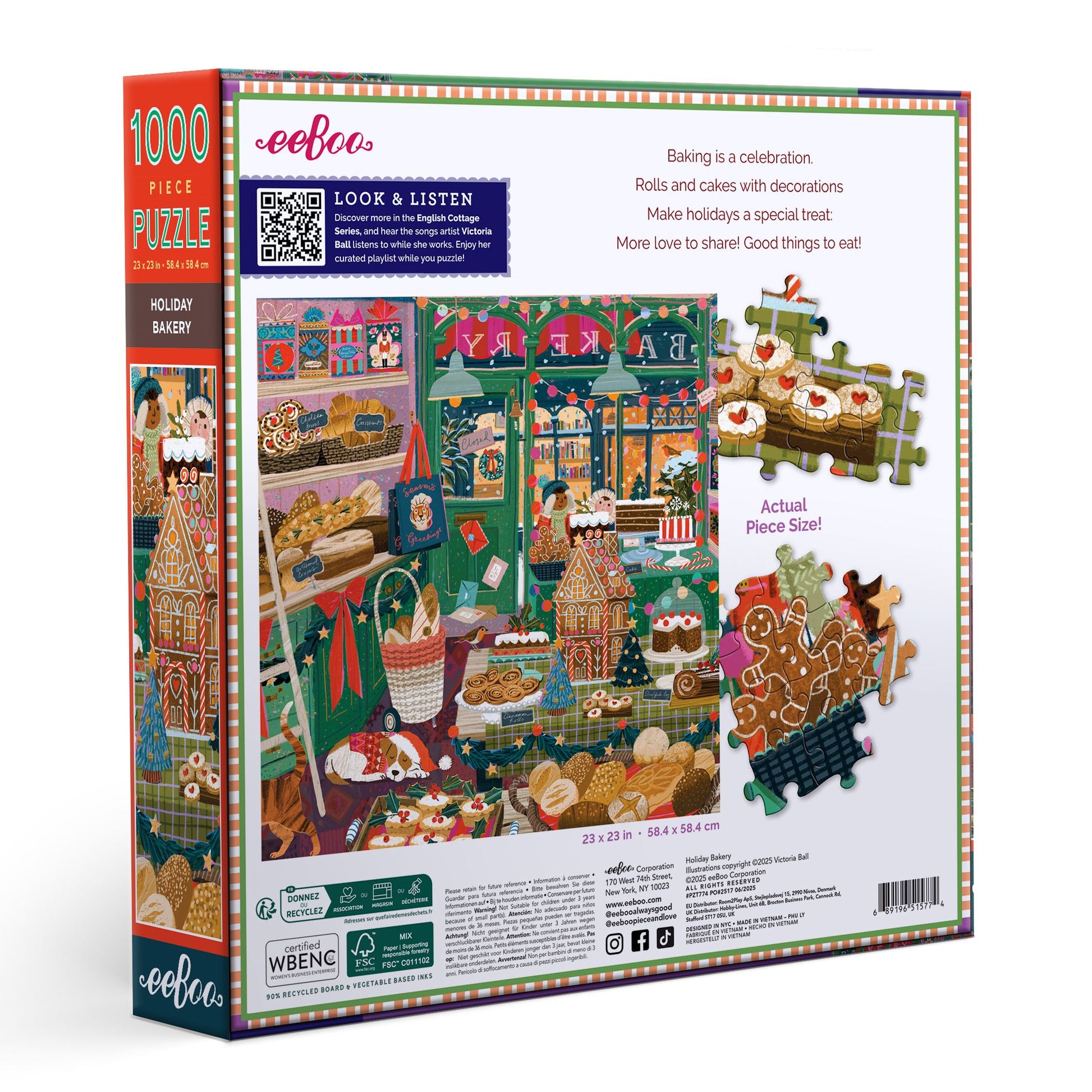 Jigsaw puzzle box with holiday bakery scene and eeBoo branding. Holiday Bakery 1000 Piece Puzzle by eeBoo | Unique Beautiful Gifts