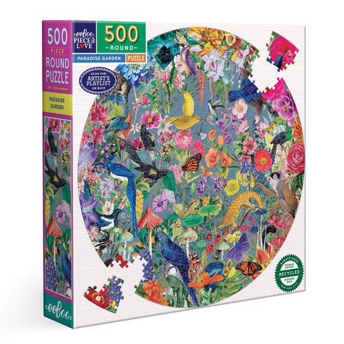 Round puzzle with colorful design of birds and flowers. Paradise Garden 500 Round Puzzle by eeBoo | Unique Beautiful Gifts