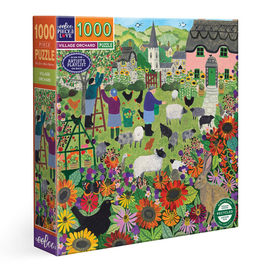 Village Orchard puzzle box with colorful illustration of a village scene. Village Orchard 1000 Piece Puzzle by eeBoo | Unique Beautiful Gifts