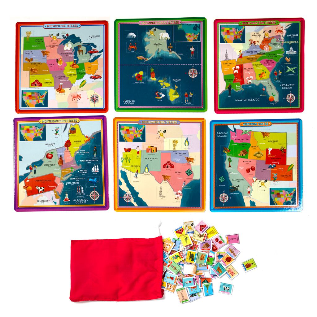 Educational game packaging with colorful maps and a red bag on a blue background. USA Bingo