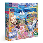 Jigsaw puzzle with a colorful design of seashells and coastal elements. Seashells by the Shore 1000 Piece Puzzle by eeBoo | Unique Beautiful Gifts