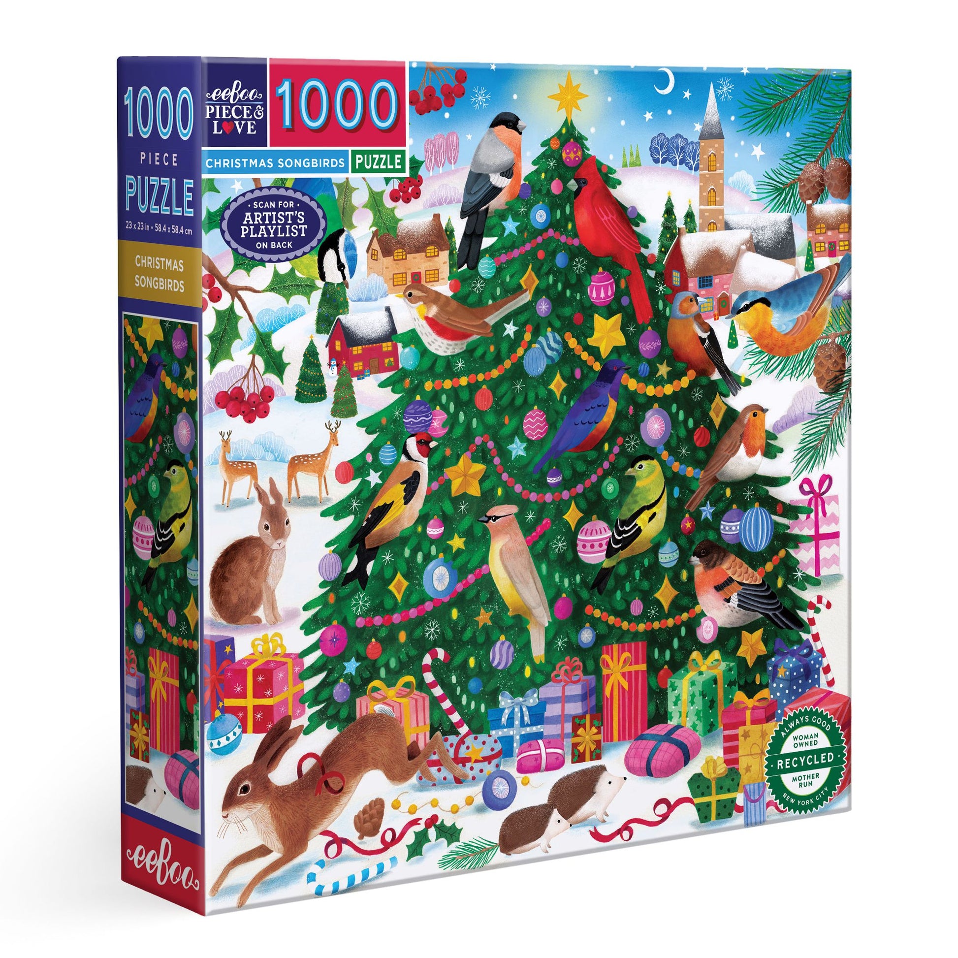 Jigsaw puzzle box with a Christmas-themed design featuring a decorated tree, animals, and presents. Christmas Songbirds 1000 Piece Puzzle by eeBoo | Unique Beautiful Gifts