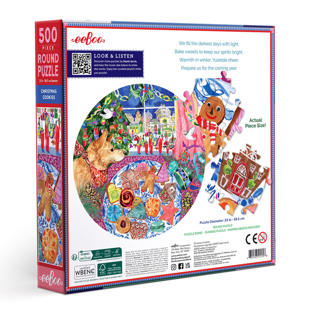 Round puzzle with Christmas-themed illustrations. Christmas Cookies 500 Round Puzzle by eeBoo | Unique Beautiful Gifts