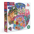 Round puzzle box with a colorful design of a dog looking at Christmas cookies through a window. Christmas Cookies 500 Round Puzzle by eeBoo | Unique Beautiful Gifts