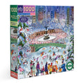 Jigsaw puzzle featuring a winter scene with people skating on an ice rink in a city park. new-york-city-skaters-1000-piece-puzzle