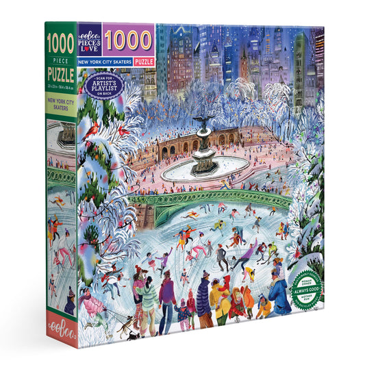 Jigsaw puzzle featuring a winter scene with people skating on an ice rink in a city park. new-york-city-skaters-1000-piece-puzzle