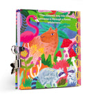 A colorful journal with a whimsical illustration of a deer, rabbit, and various plants with a lock and two keys attached to it.