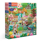 Jigsaw puzzle box with colorful artwork of a Japanese scene, featuring cherry blossoms and traditional architecture. Seasons in Kyoto 1000 Piece Puzzle by eeBoo | Unique Beautiful Gifts