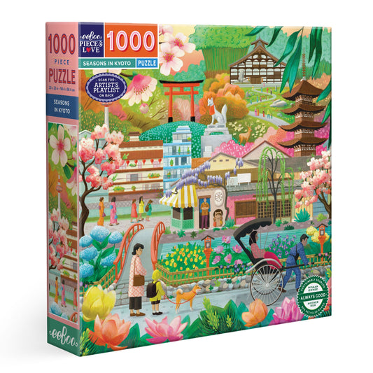 Jigsaw puzzle box with colorful artwork of a Japanese scene, featuring cherry blossoms and traditional architecture. Seasons in Kyoto 1000 Piece Puzzle by eeBoo | Unique Beautiful Gifts