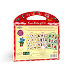 Child holding a 'Cat's Apartment' stickers pack with a colorful design