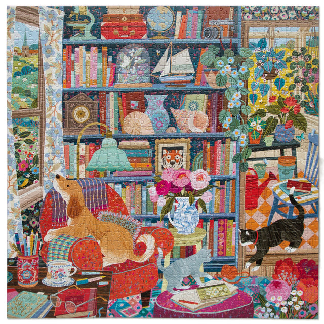 A cozy illustrated library filled with books, plants, patterned furnishings, cats, a dog, and collected objects.