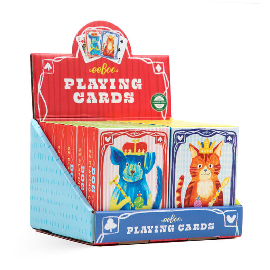 Display of playing cards with colorful designs. Cat & Dog Playing Cards Assortment (12) by eeBoo | Unique Fun Gifts
