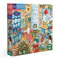 Jigsaw puzzle with a colorful illustration of a kitchen scene and people, featuring the brand ' eeBoo'. swedish-holiday-kitchen-1000-piece-puzzle