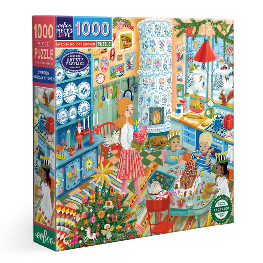 Jigsaw puzzle with a colorful illustration of a kitchen scene and people, featuring the brand ' eeBoo'. swedish-holiday-kitchen-1000-piece-puzzle