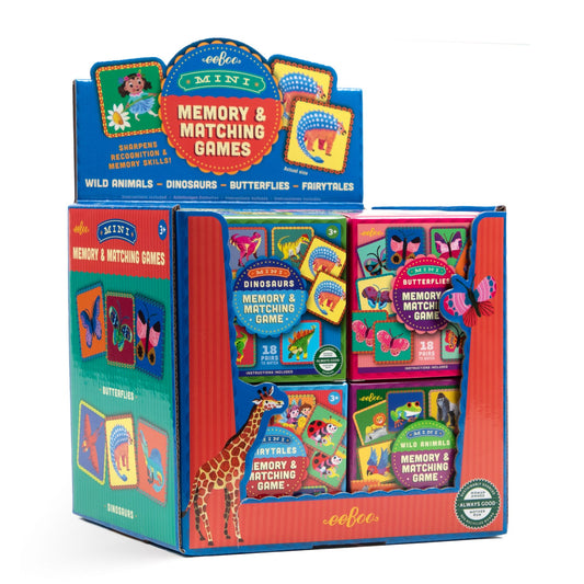 Display of Eeboo mini memory and matching games with colorful packaging. Mini Memory Game Assortment (16) by eeBoo | Unique Fun Gifts