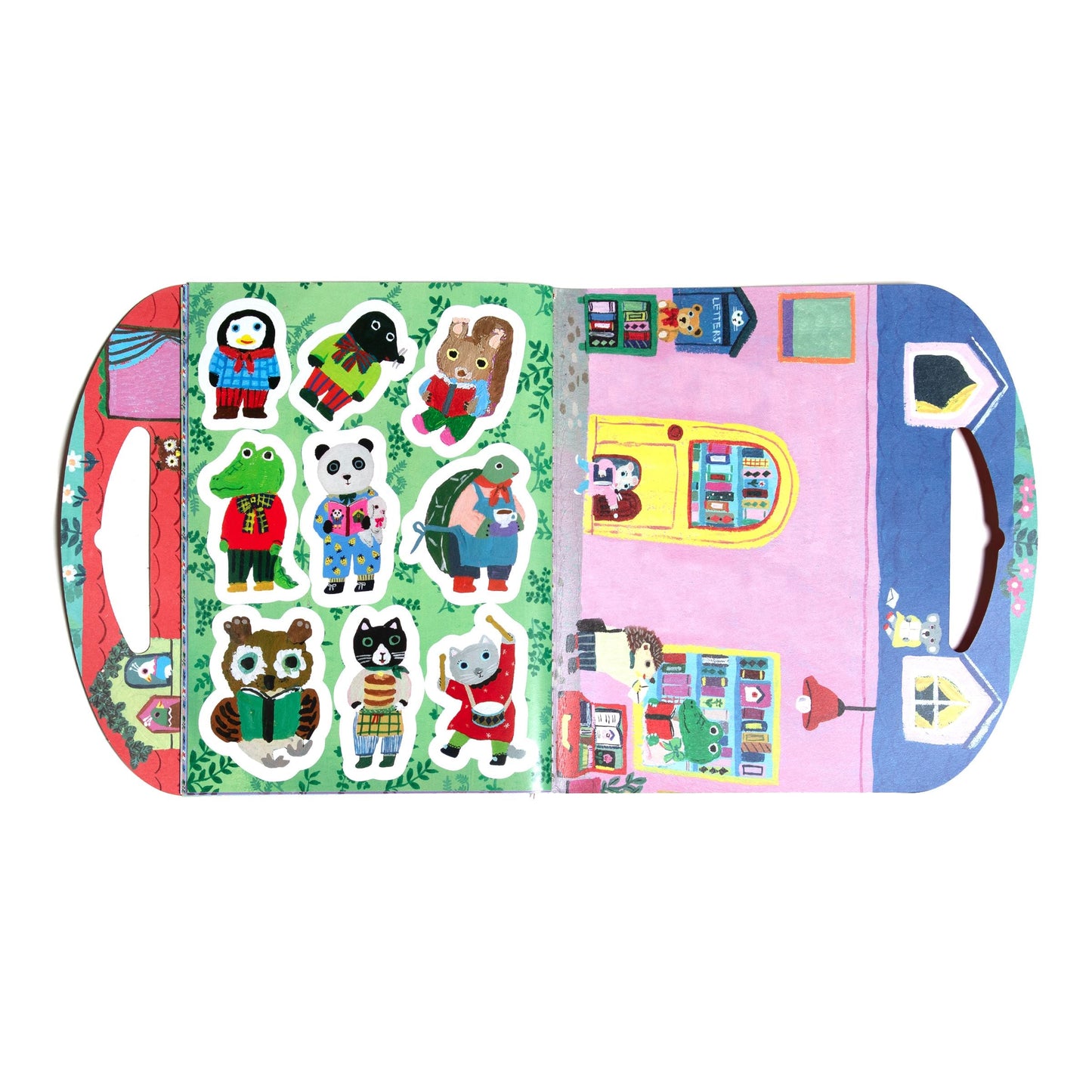 Child holding a 'Cat's Apartment' stickers pack with a colorful design