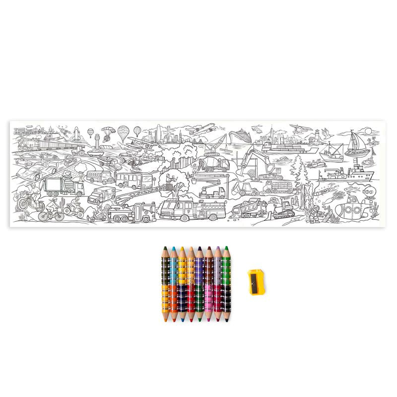 Double-sided color pencils set with mini mural to color featuring vehicles on packaging