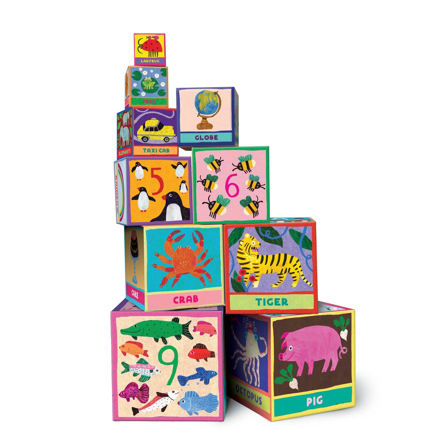 Stacking block tot tower with early reading and illustrations by Monika Forsberg for children two years old and up