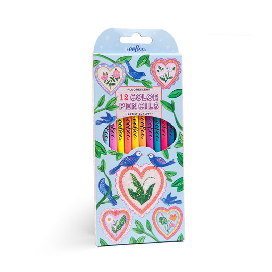  Hearts & Birds 12 Fluorescent Color Pencils eeBoo