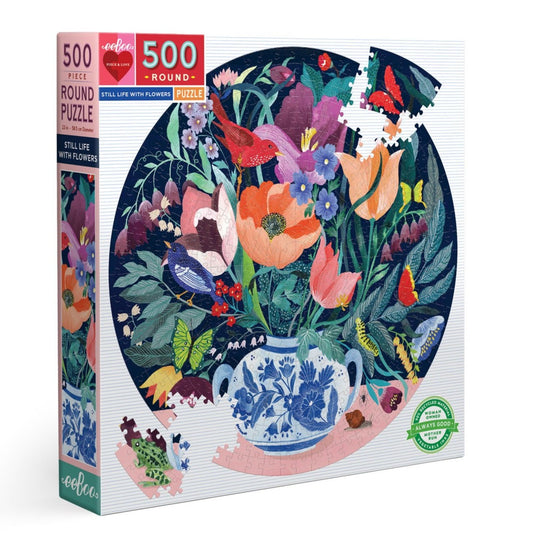 Still Life with Flowers 500 Piece Round Puzzle | Unique Gifts by eeBoo