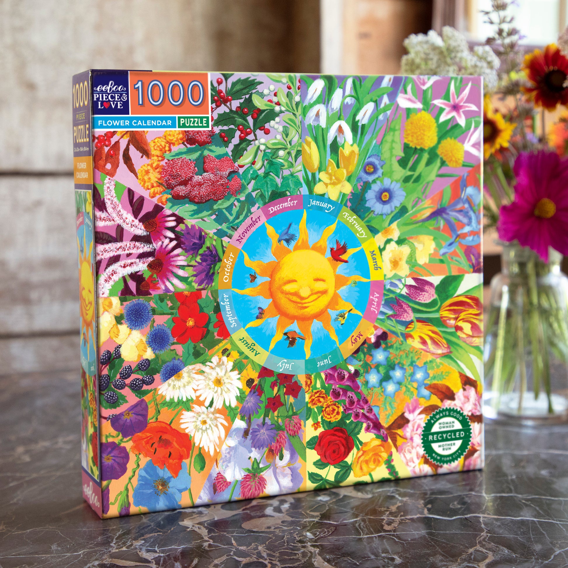 Flower Calendar 1000 Piece Square  Jigsaw Puzzle eeBoo Gifts for Garden Lovers, Plant Enthusiasts, Flower Connoisseurs 14+