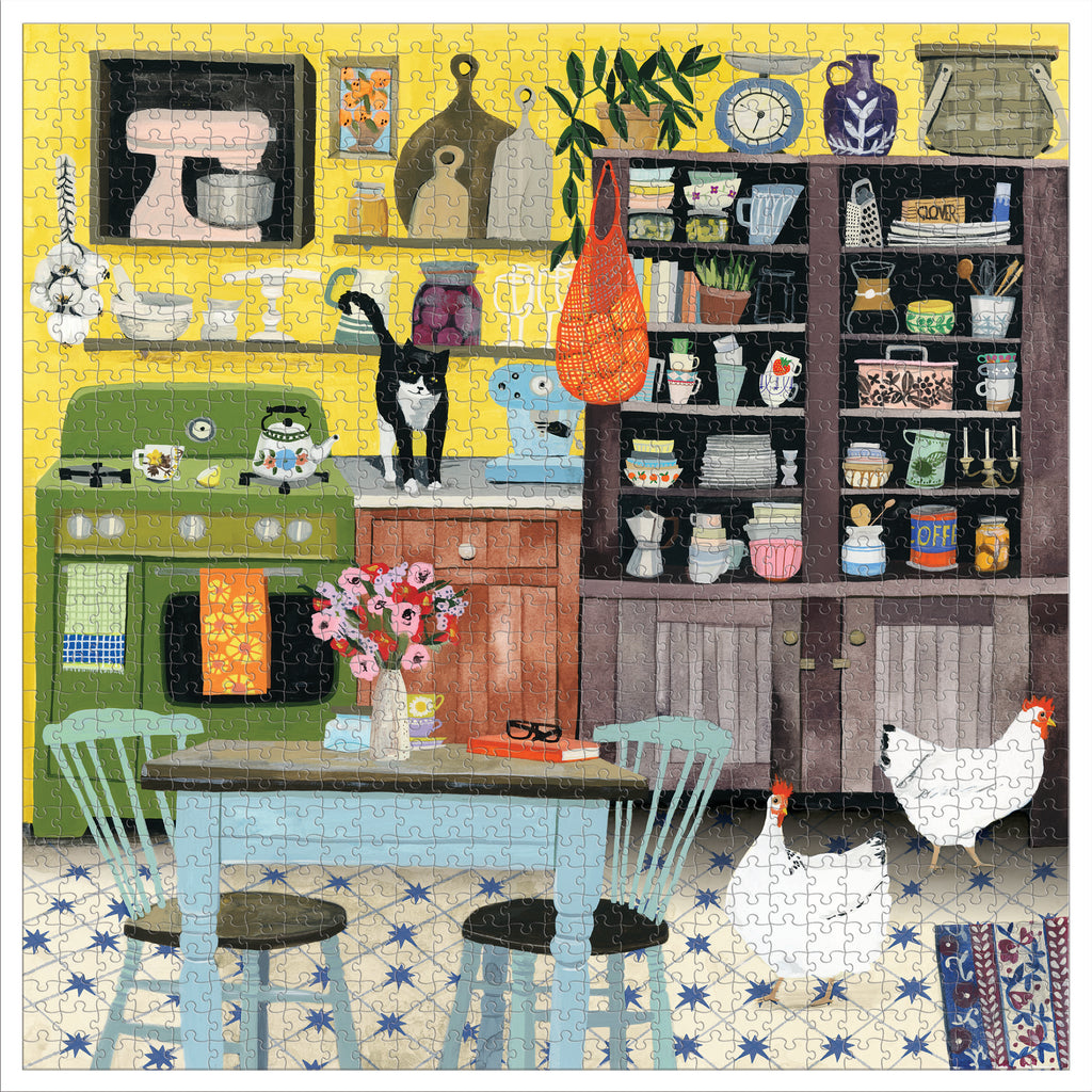 Kitchen Chickens and Cat 1000 Piece Jigsaw Puzzle | eeBoo Piece & Love | Farmhouse Nostalgia Gift