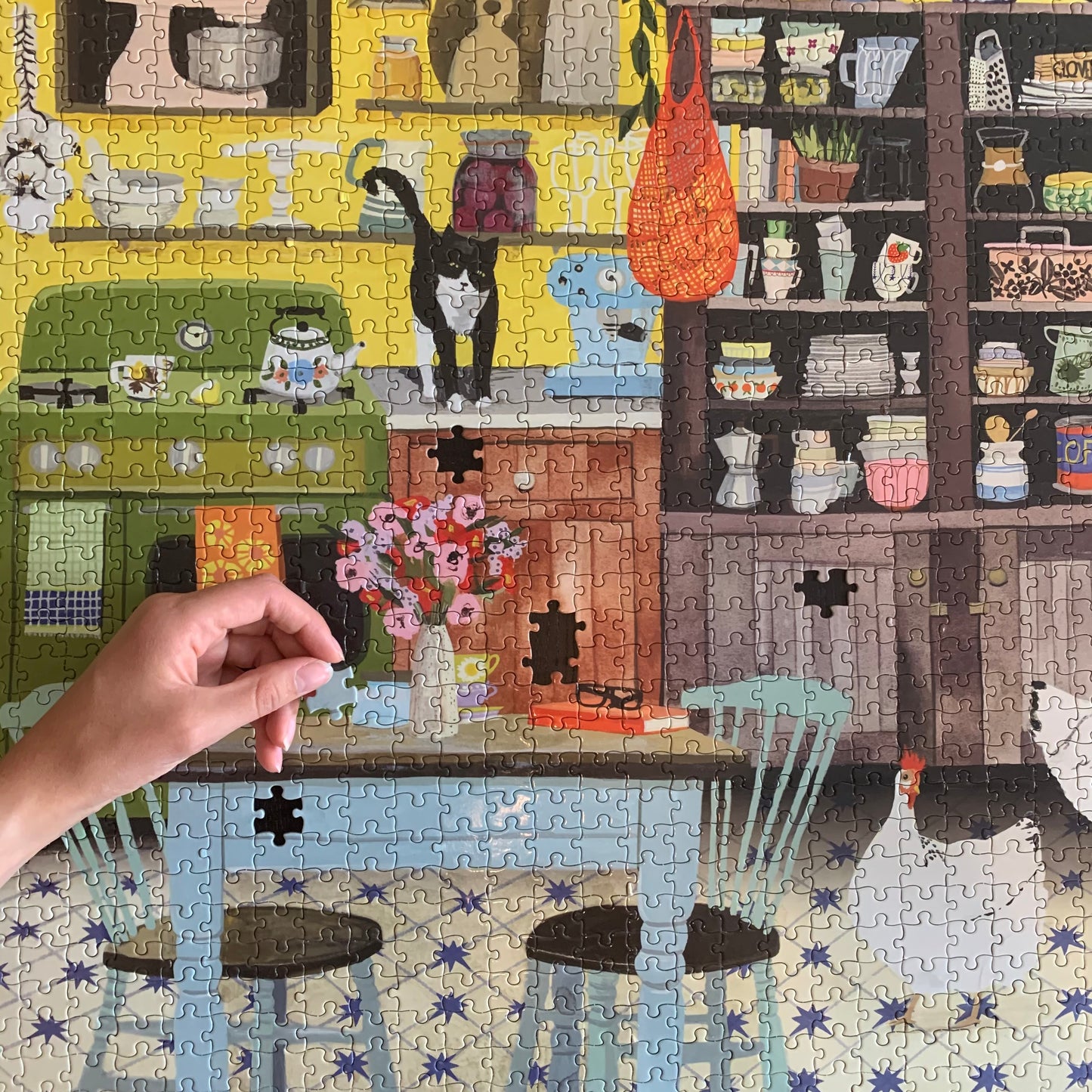Kitchen Chickens and Cat 1000 Piece Jigsaw Puzzle | eeBoo Piece & Love | Farmhouse Nostalgia Gift