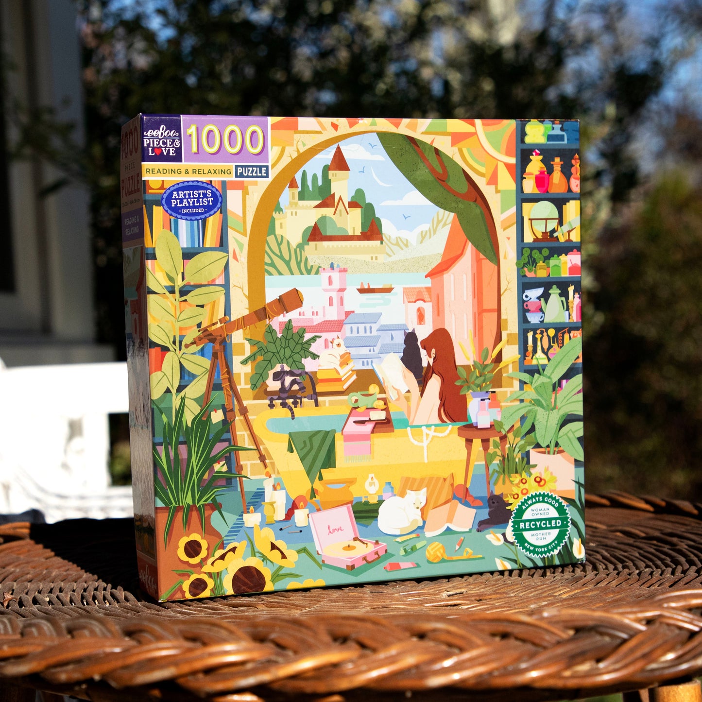 Reading & Relaxing 1000 Piece Jigsaw Puzzle | Unique Self Care Gifts for Women | Features Castles, Cats, Books, & Plants