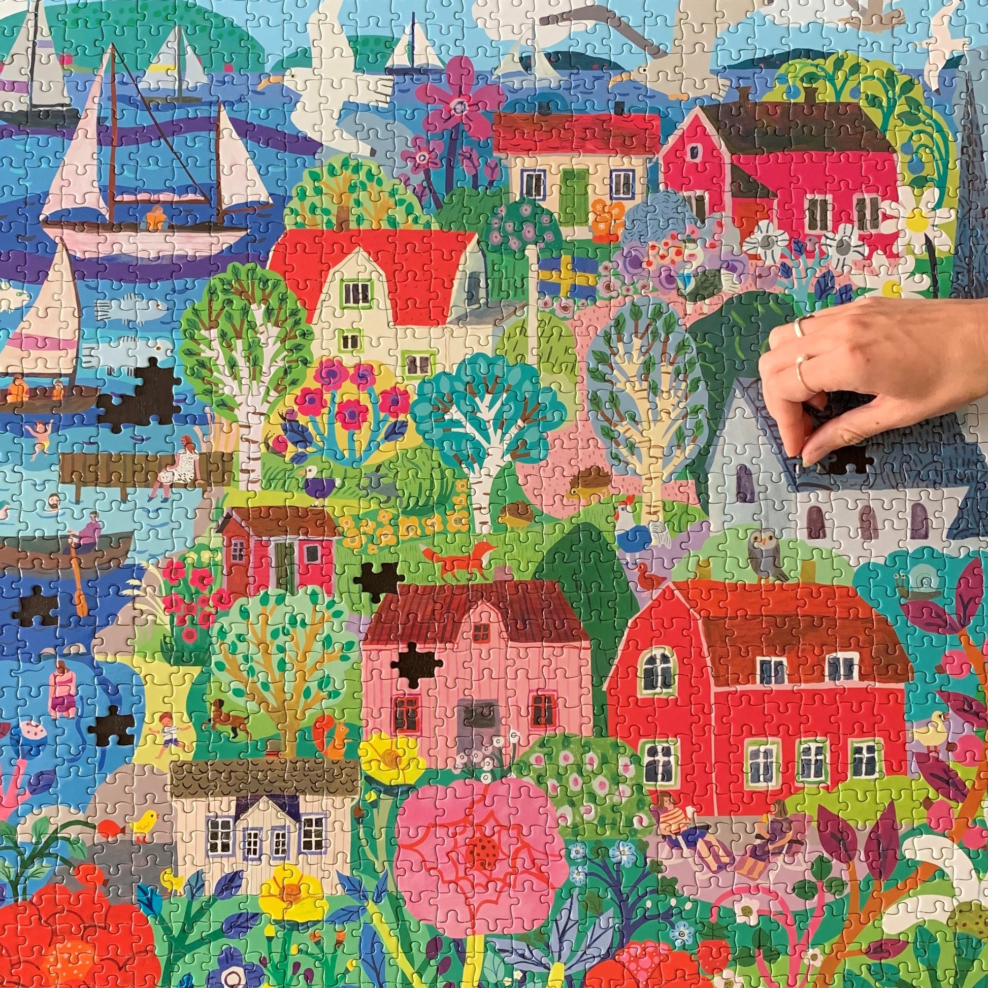 Swedish Fishing Village 1000 Piece Jigsaw Puzzle | eeBoo Piece & Love | Cute Gifts for Travel Lovers