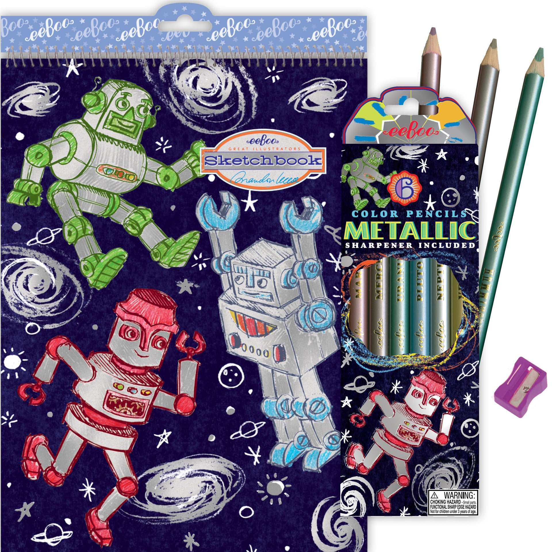 eeBoo Metallic Colored Pencils for Kids, Silver Robot, Set of 6 (PMROB)