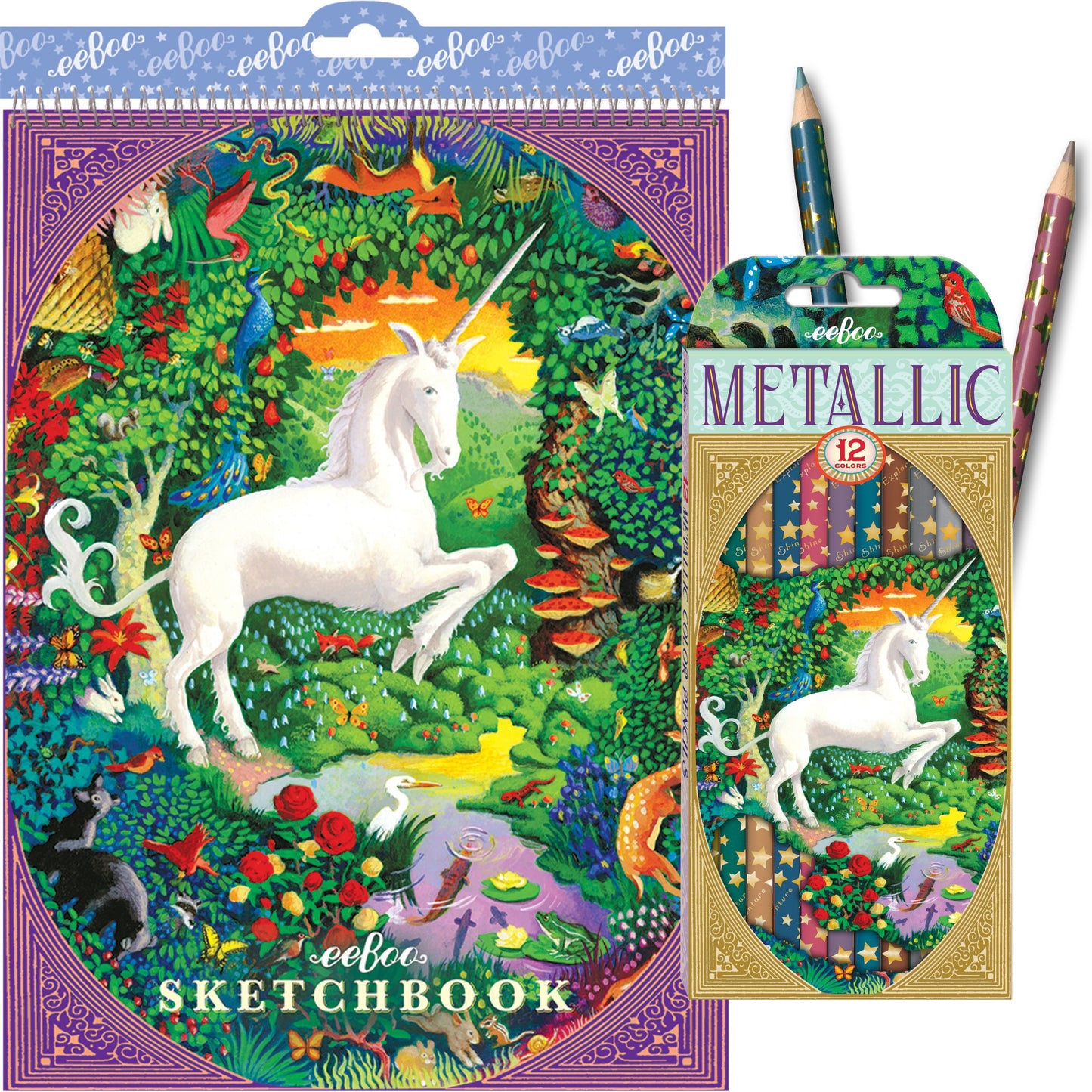 Unicorn 12 Metallic Pencils and Sketchbook |  Gifts by eeBoo